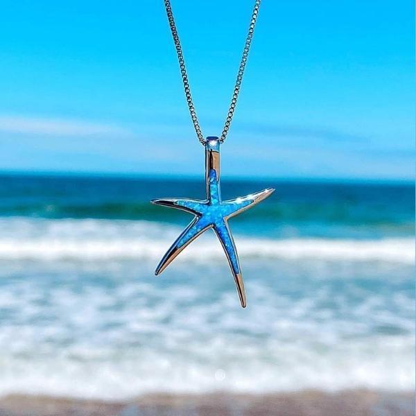 Collar de ópalo azul y estrella de mar en plata