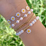 Set di 4 Bracciali Impilabili con Perle e Margherite