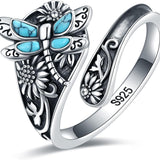 Anello a Cucchiaio in Argento Sterling con Turchese – Anello Vintage Boho con Libellula
