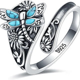Anello a Cucchiaio in Argento Sterling con Turchese – Anello Vintage Boho con Libellula