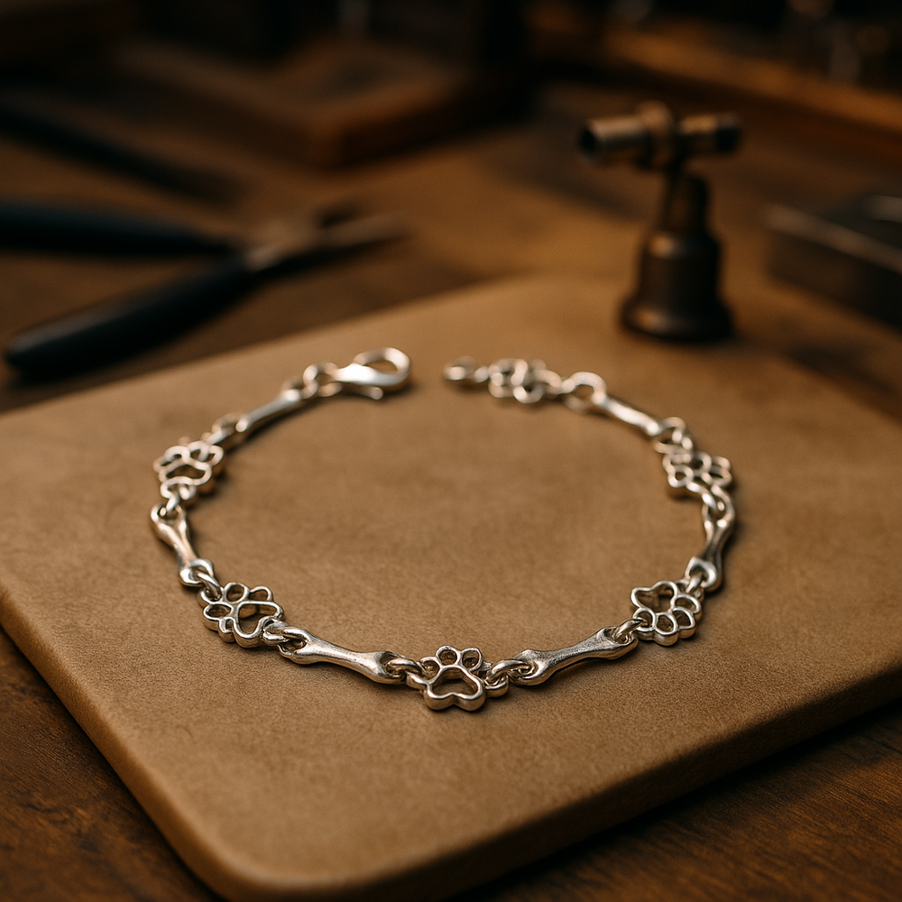 Pulsera de plata pura de edición limitada con dije de pata y hueso de perro