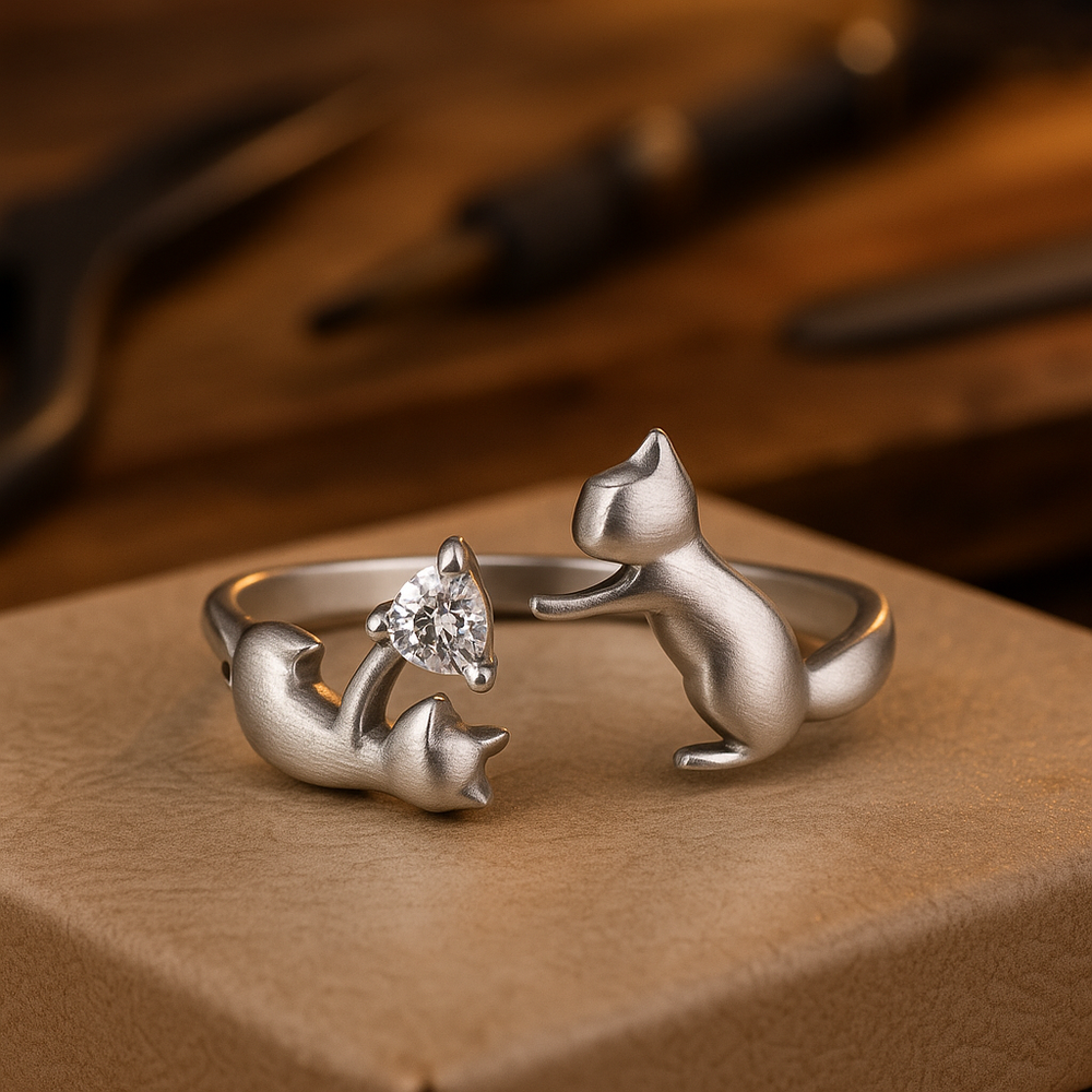 Anillo Ajustable en Plata de Ley con Forma de Gato Juguetón con Circonitas