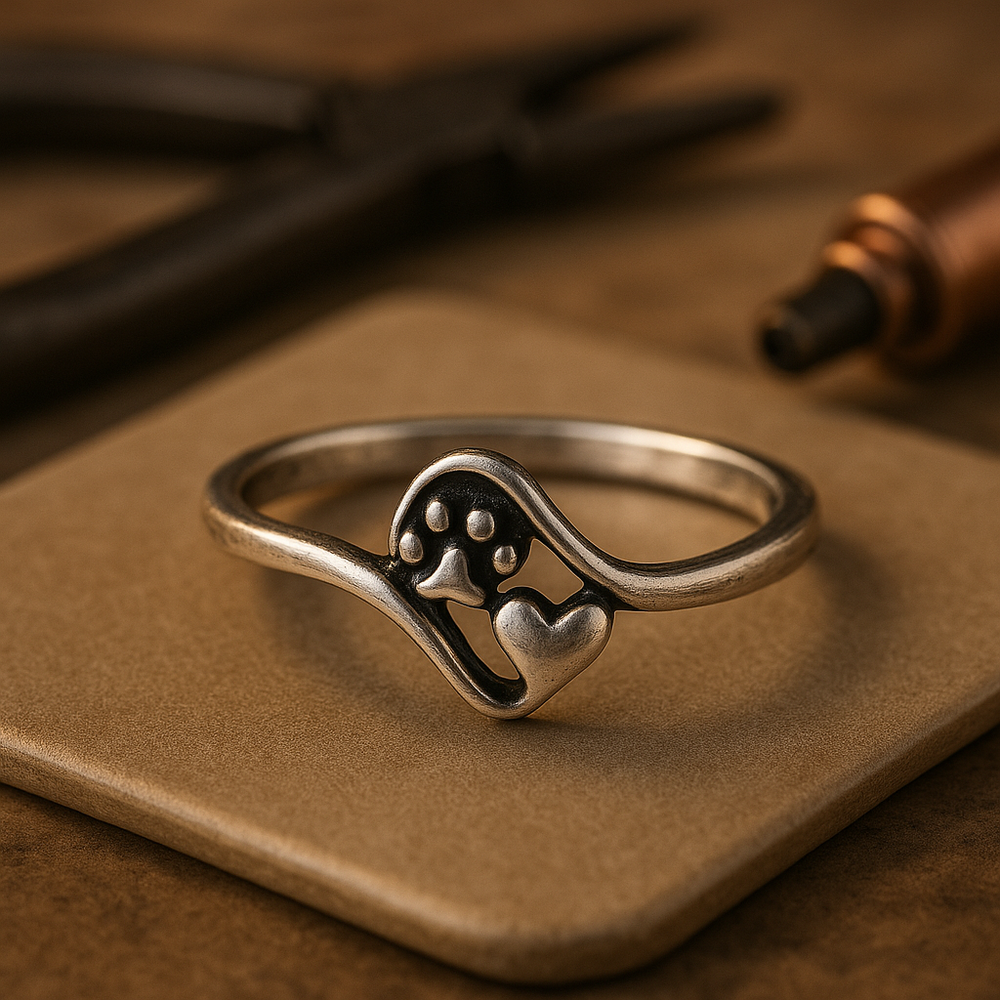 Anillo de plata de ley vintage con huella de pata y corazón