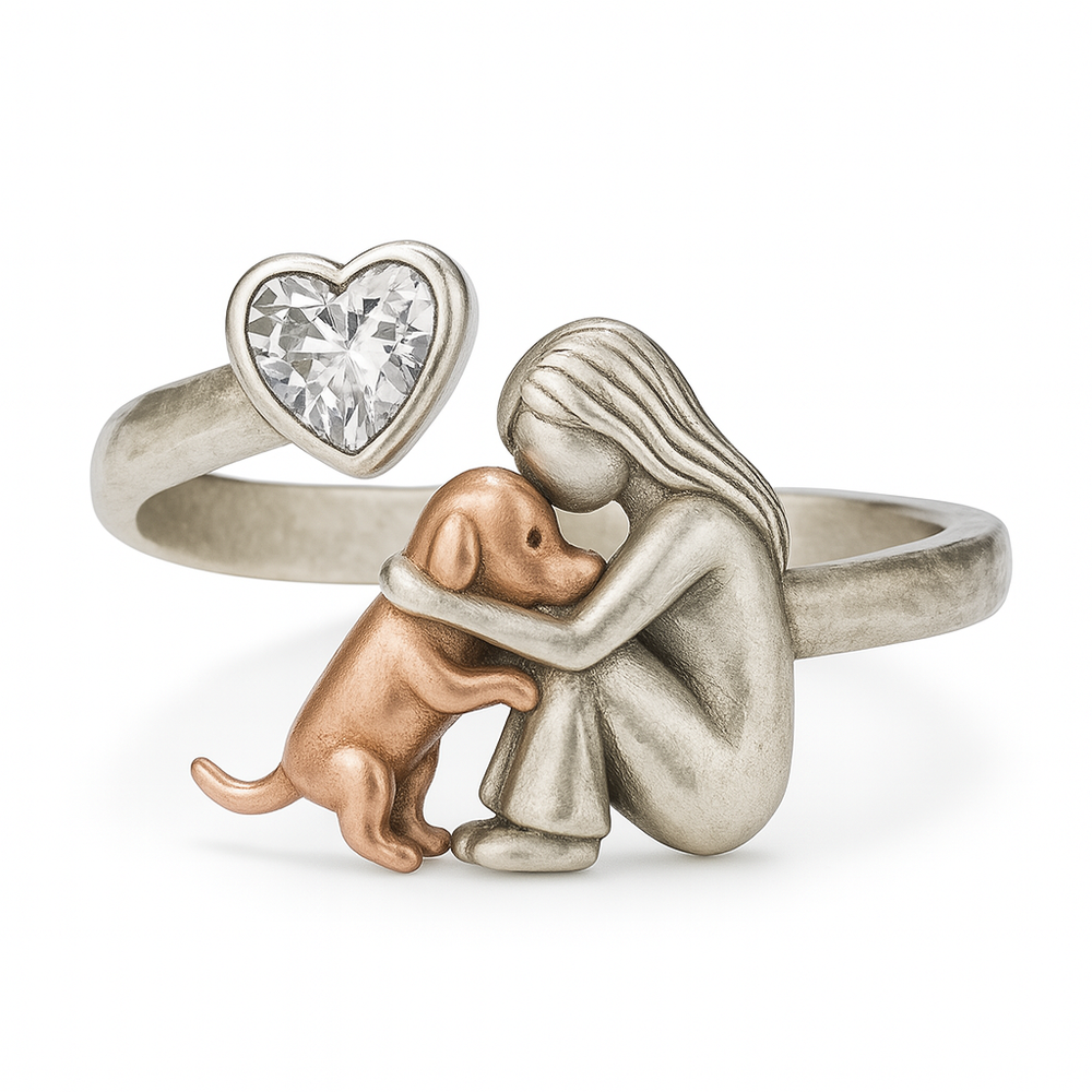 Anillo para perro hecho a mano en plata de ley 925 con circonita en forma de corazón - Tamaño ajustable