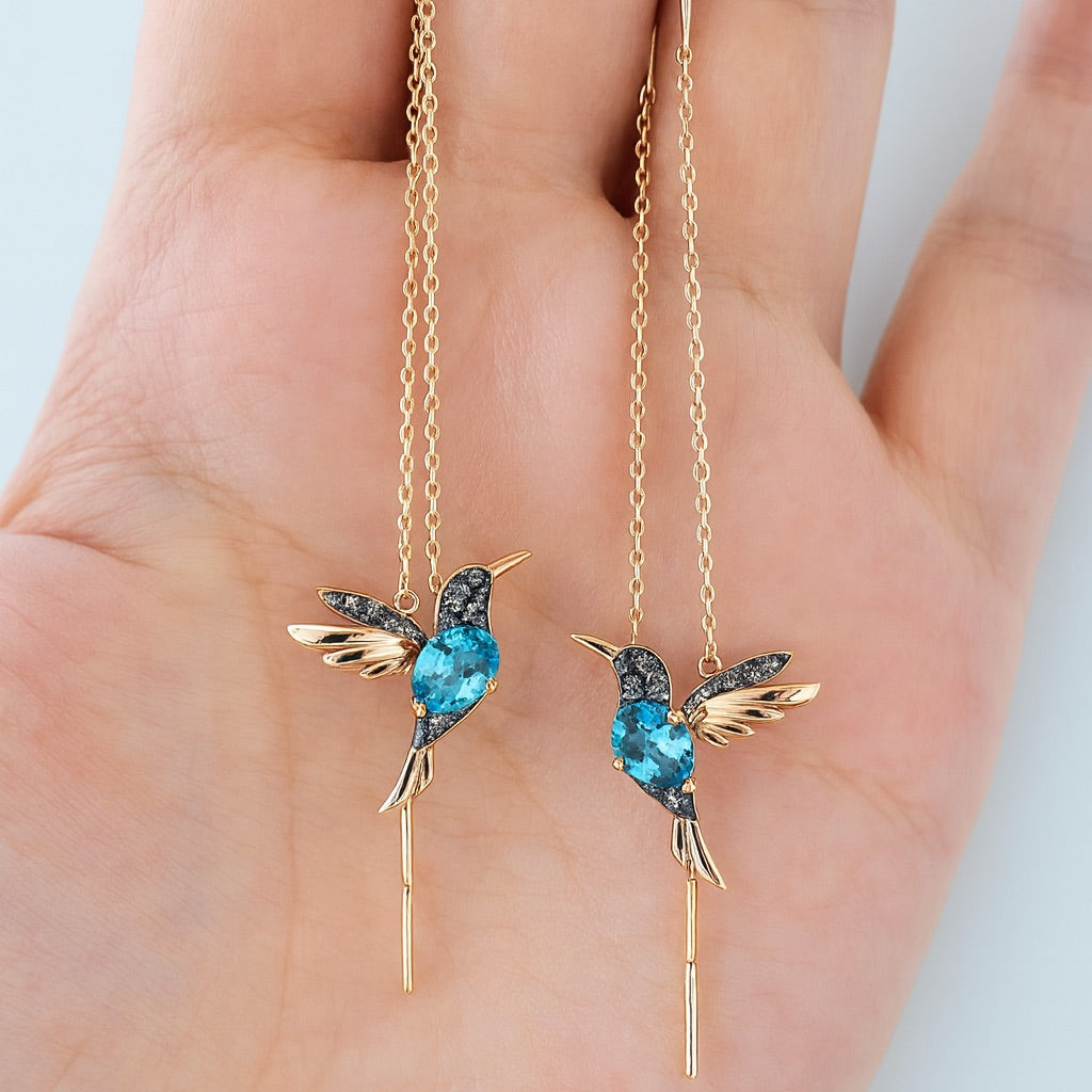 Orecchini in smalto e zirconia a forma di colibrì