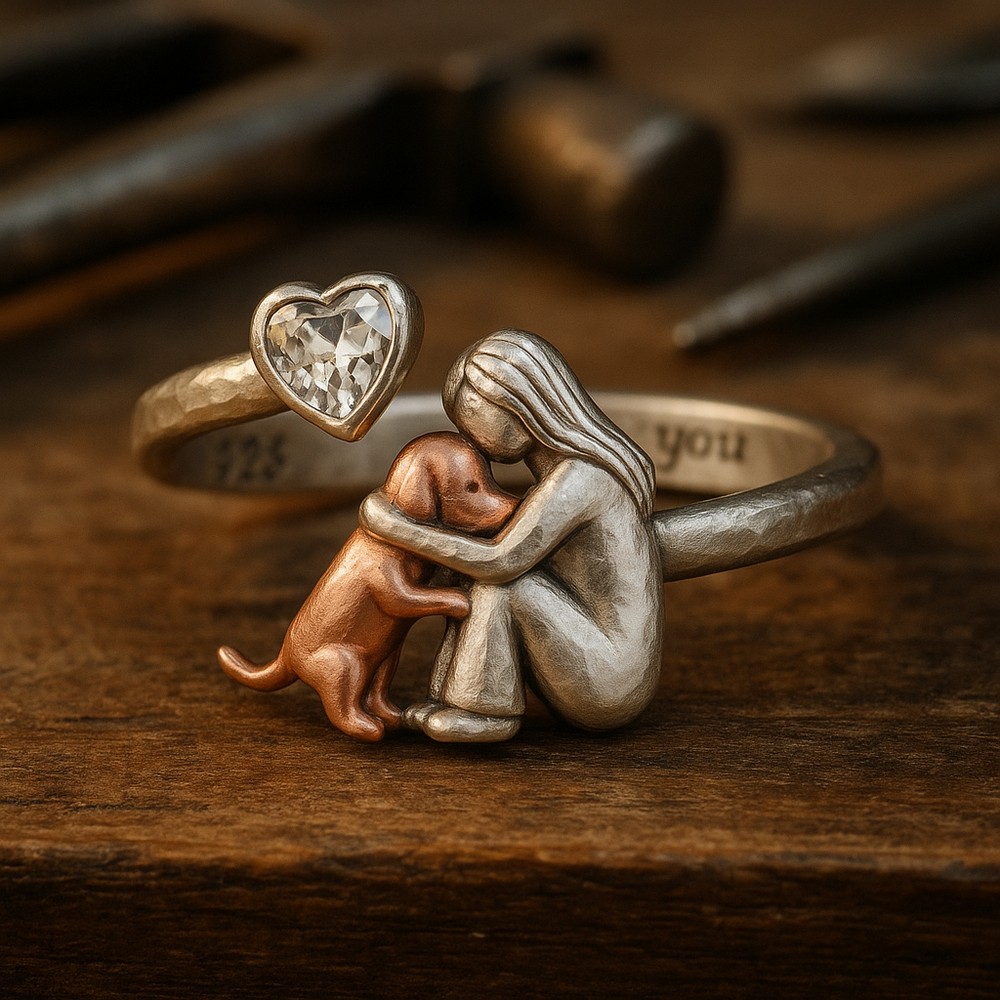 Anillo para perro hecho a mano en plata de ley 925 con circonita en forma de corazón - Tamaño ajustable