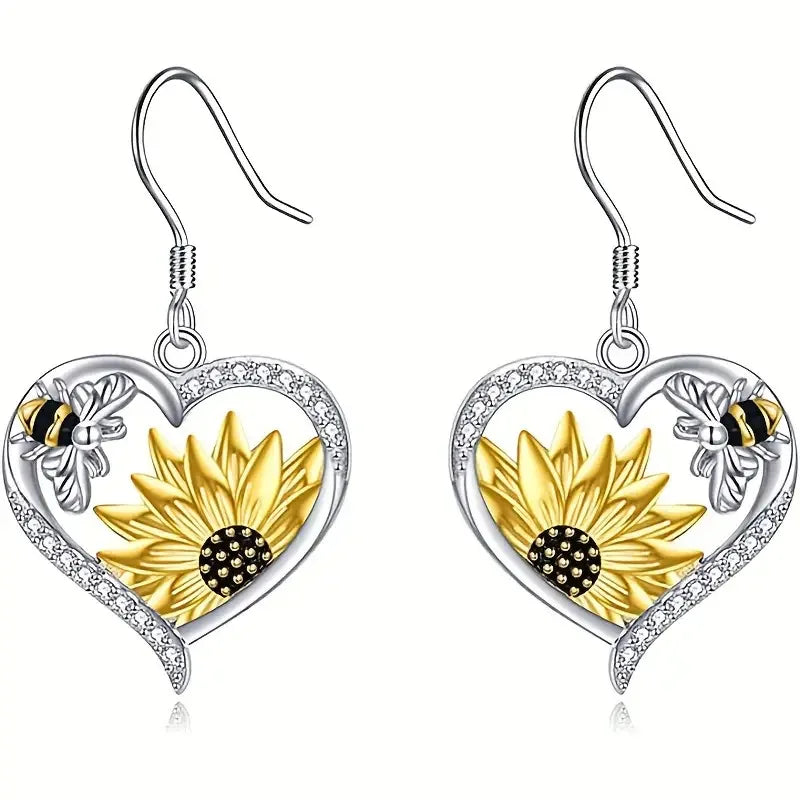 Pendientes colgantes de corazón bohemio vintage con girasol y abeja