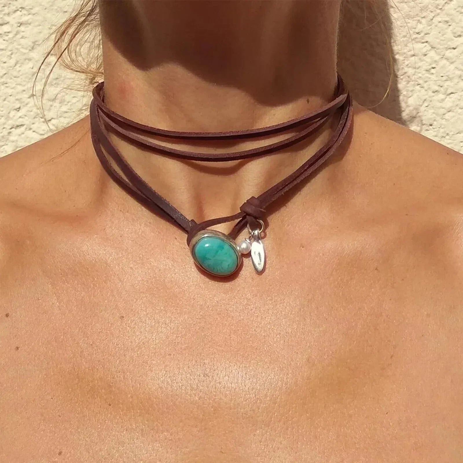 Agnese™ - Choker in Pelle con Turchese
