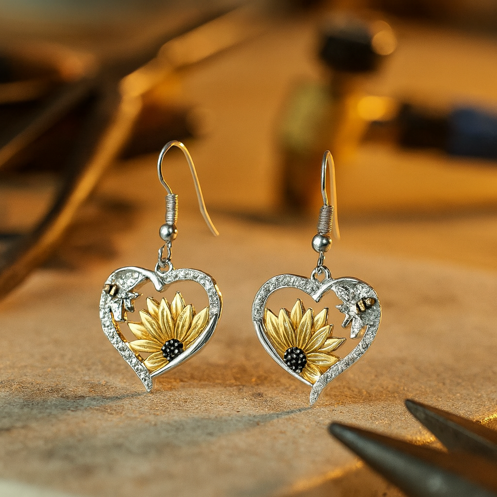 Pendientes colgantes de corazón bohemio vintage con girasol y abeja