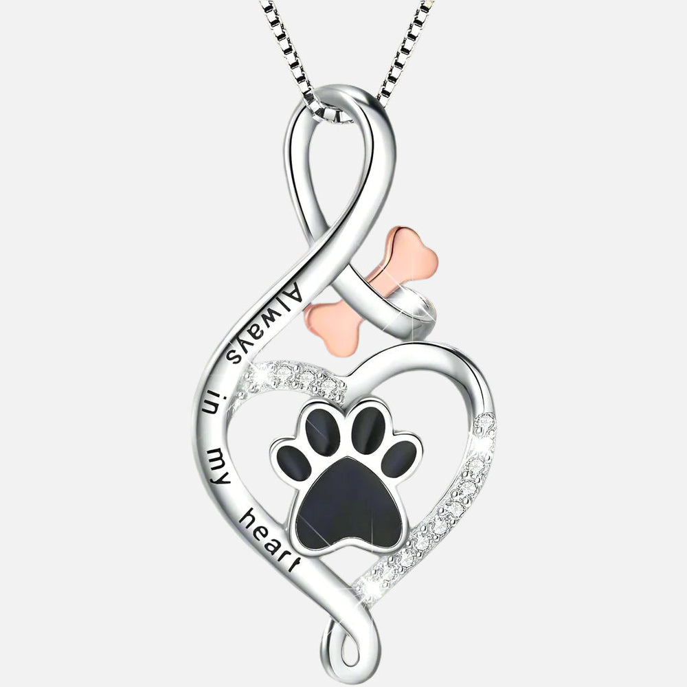 Collar de la pata de la suerte con corazón, hueso e infinito – Colgante “Siempre en mi corazón”