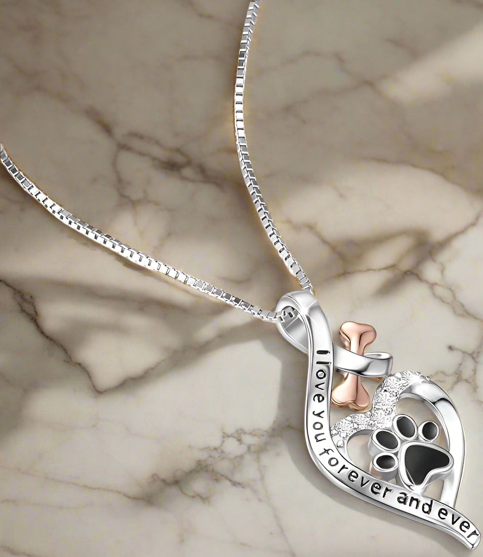 Collar de la pata de la suerte con corazón, hueso e infinito – Colgante “Siempre en mi corazón”