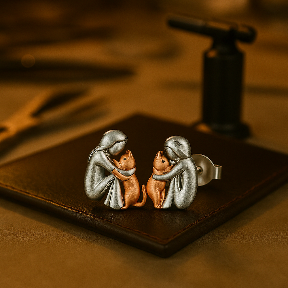 Pendientes con forma de abrazo de gato en plata y oro bicolor