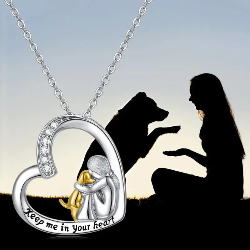 Collar de Plata de Ley 925 - Diseño de Corazón y Perro con Circonitas