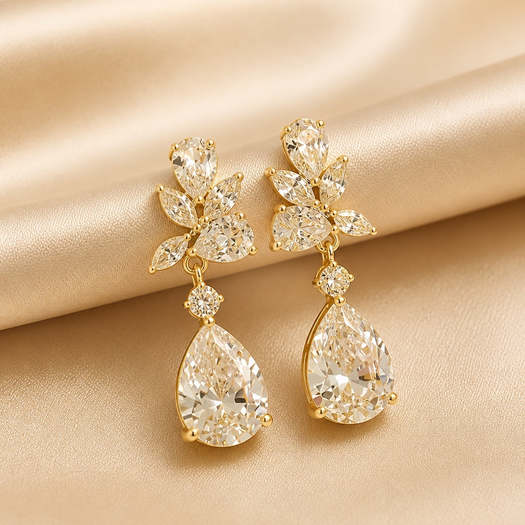 Pendientes de gota con flores en oro blanco