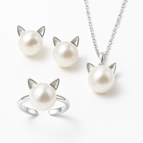 Bellissimo Collana con Gatto di Perla con Orecchini e Anello in Omaggio