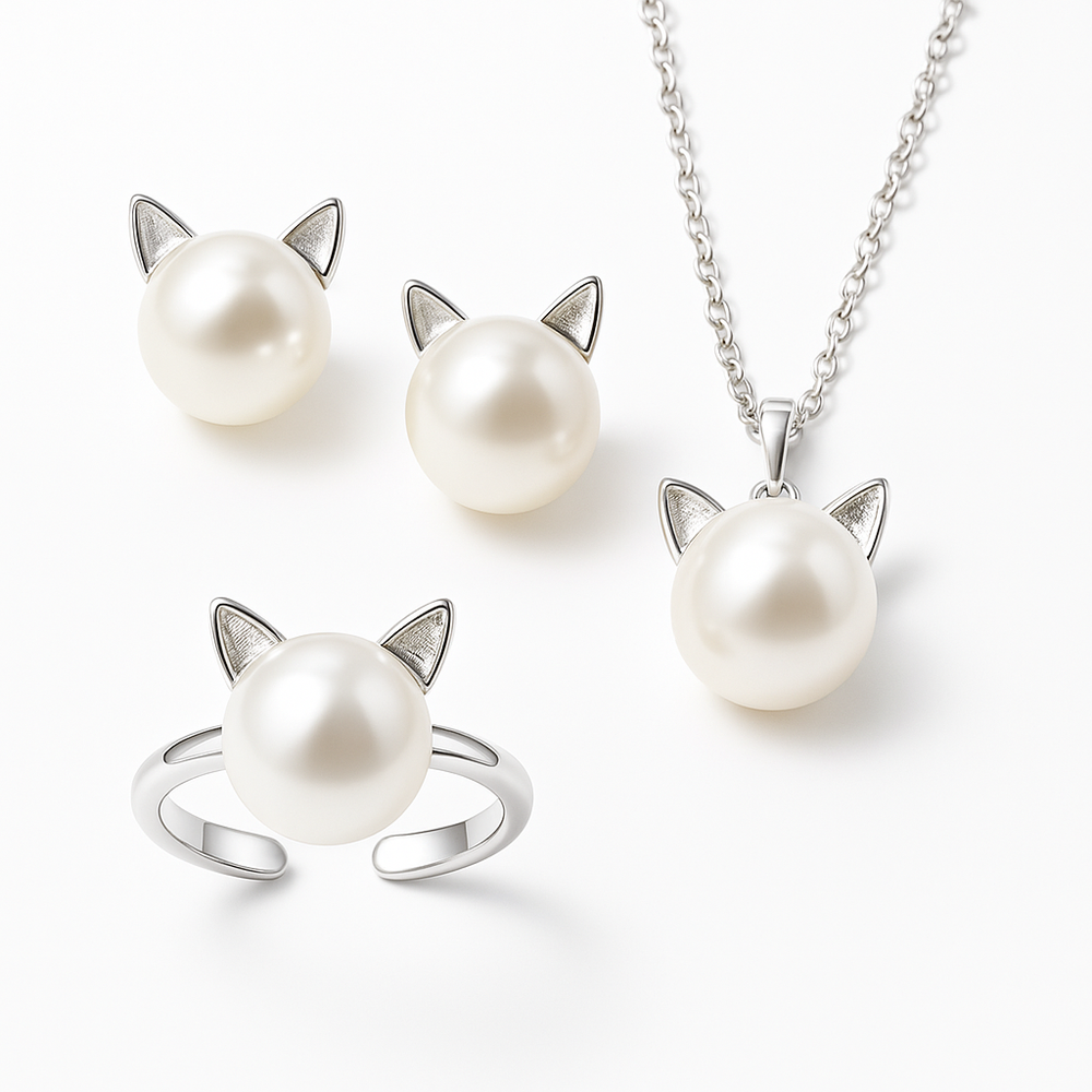 Hermoso collar de gato con perlas con aretes y anillo gratis
