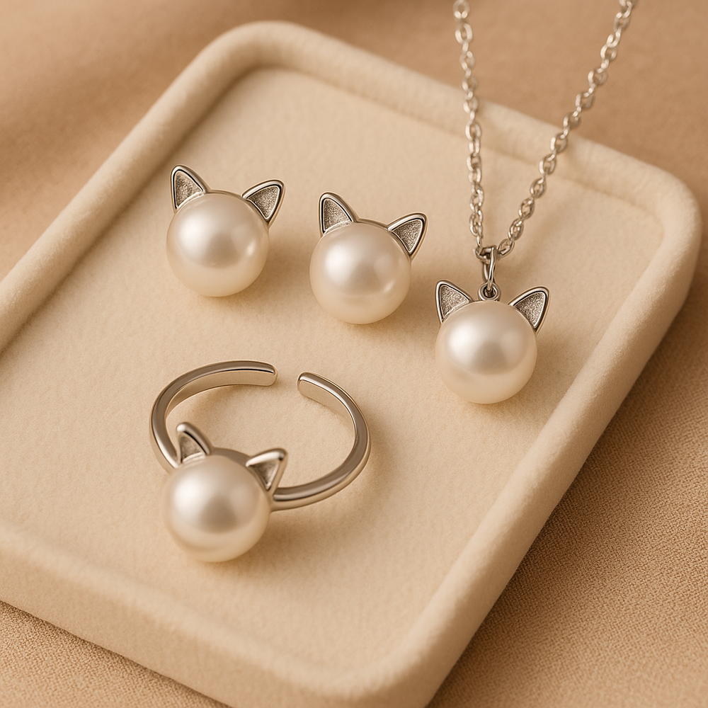Hermoso collar de gato con perlas con aretes y anillo gratis