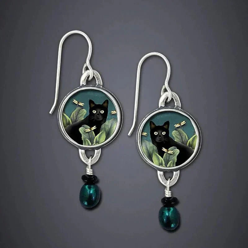 Pendientes colgantes de gato negro tropical vintage