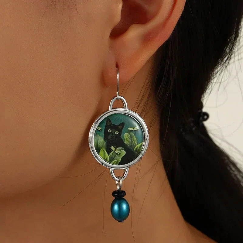 Pendientes colgantes de gato negro tropical vintage