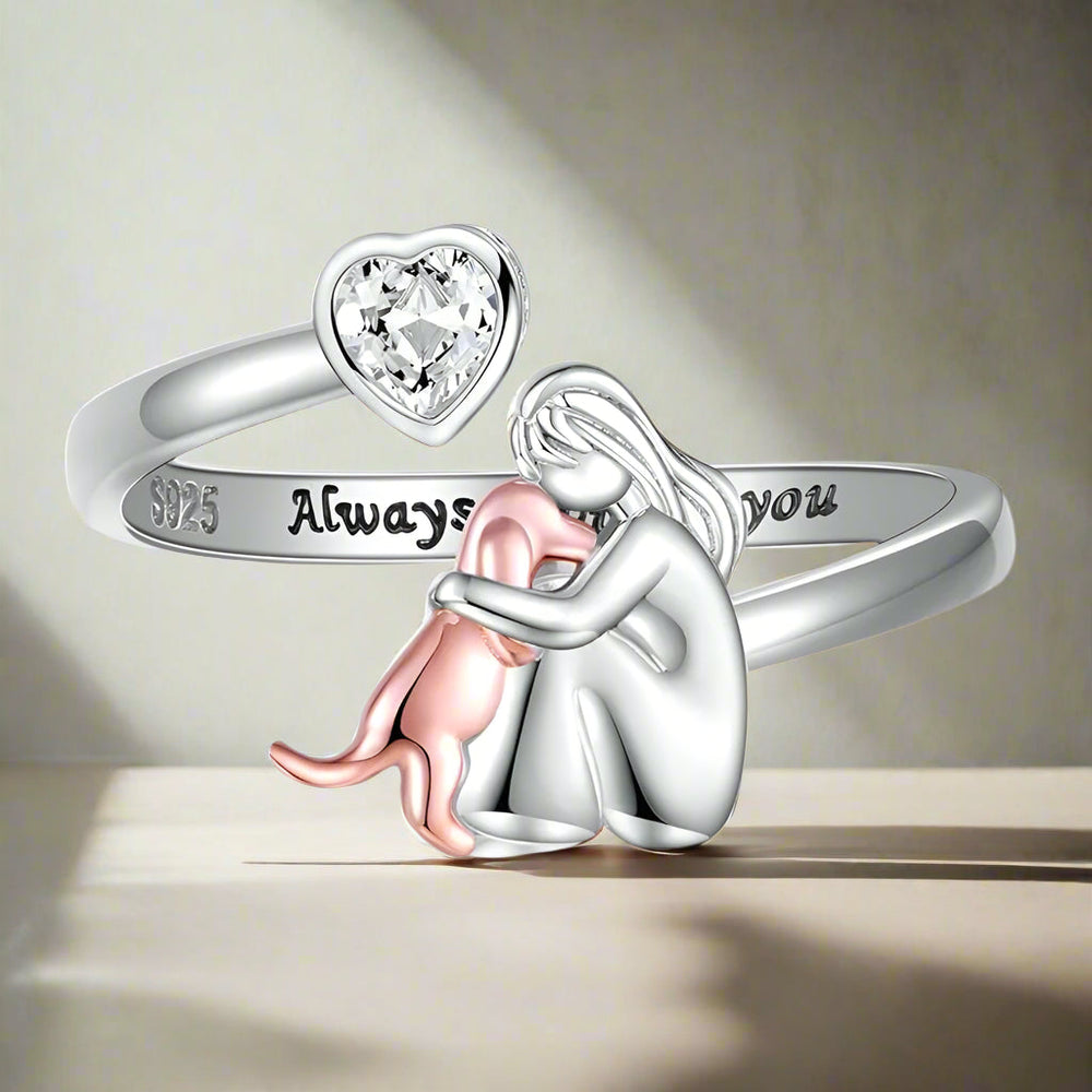 Anillo ajustable para perro en plata de ley 925 – “Siempre en mi corazón” con circonita